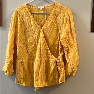 Time and Tru Yellow Wrap Puff Sleeve Blouse